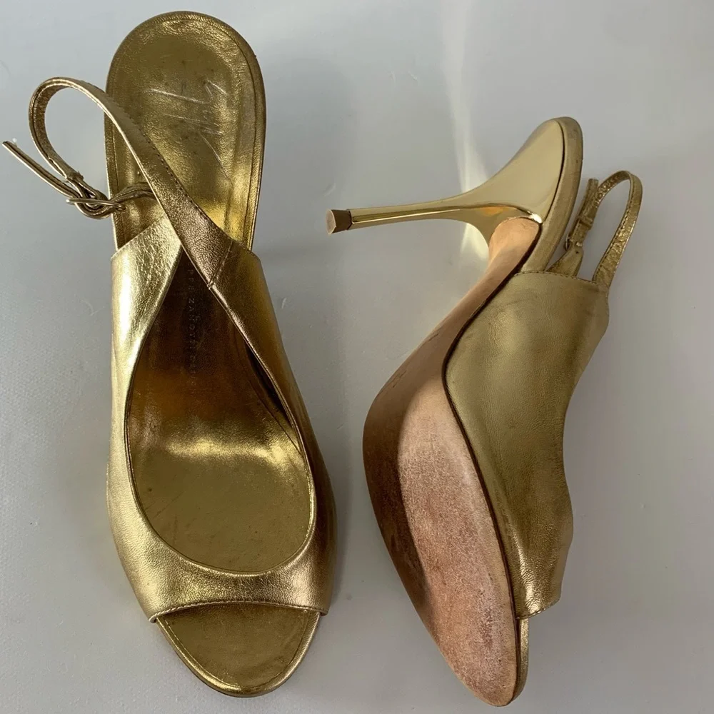 Giuseppe Zanotti Design Gold Leather slingback peeptoe heels EU size 39.5 US 9.5 - Picture 6 of 15
